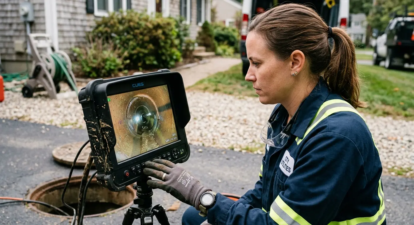 Technician reviewing sewer camera inspection footage in Sterling Heights