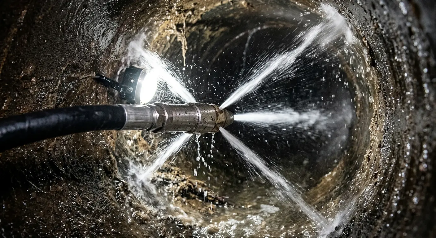 High-pressure hydro jetting nozzle cleaning sewer pipe for Emergency Drain Service in Sterling Heights