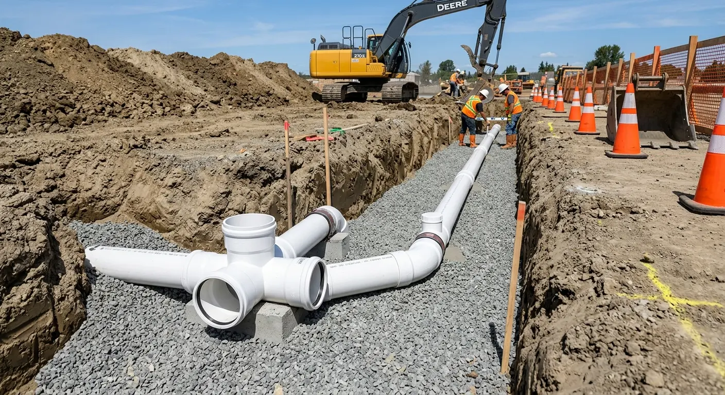 New PVC sewer pipe installation in open trench for Sewer Backup in Sterling Heights