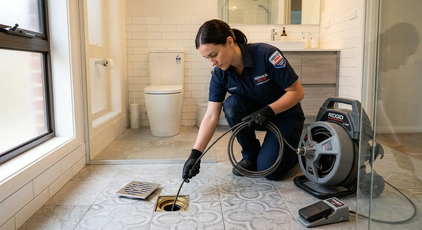 Technician clearing a bathroom floor drain for Drain Repair in Sterling Heights
